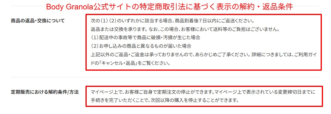 Body Granolaの特定商取引法に基づく表示にある返品・解約条件の記載