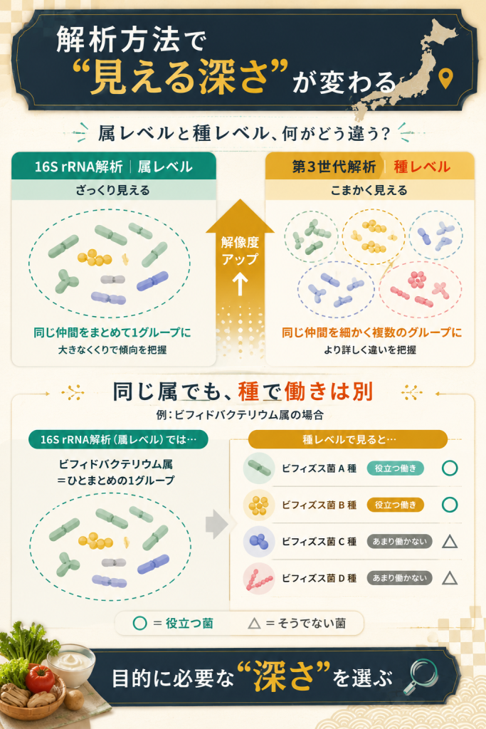 16S rRNA解析と第3世代解析で見える菌の解像度の違いを示す概念対比図