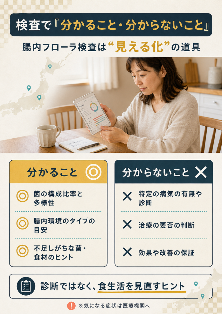 腸内フローラ検査で分かることと分からないことを対比した図解
