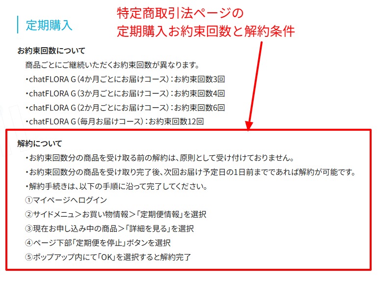 特定商取引法ページの定期購入お約束回数と解約条件の記載