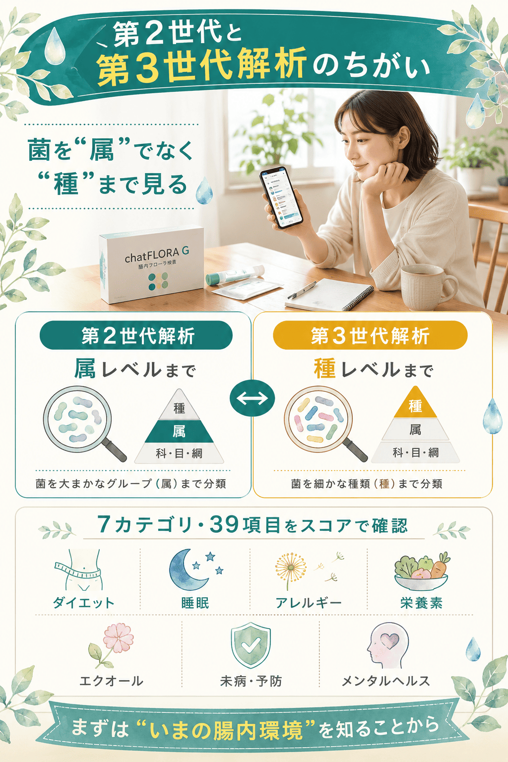 第2世代と第3世代解析のちがいと7カテゴリ39項目を整理した図解