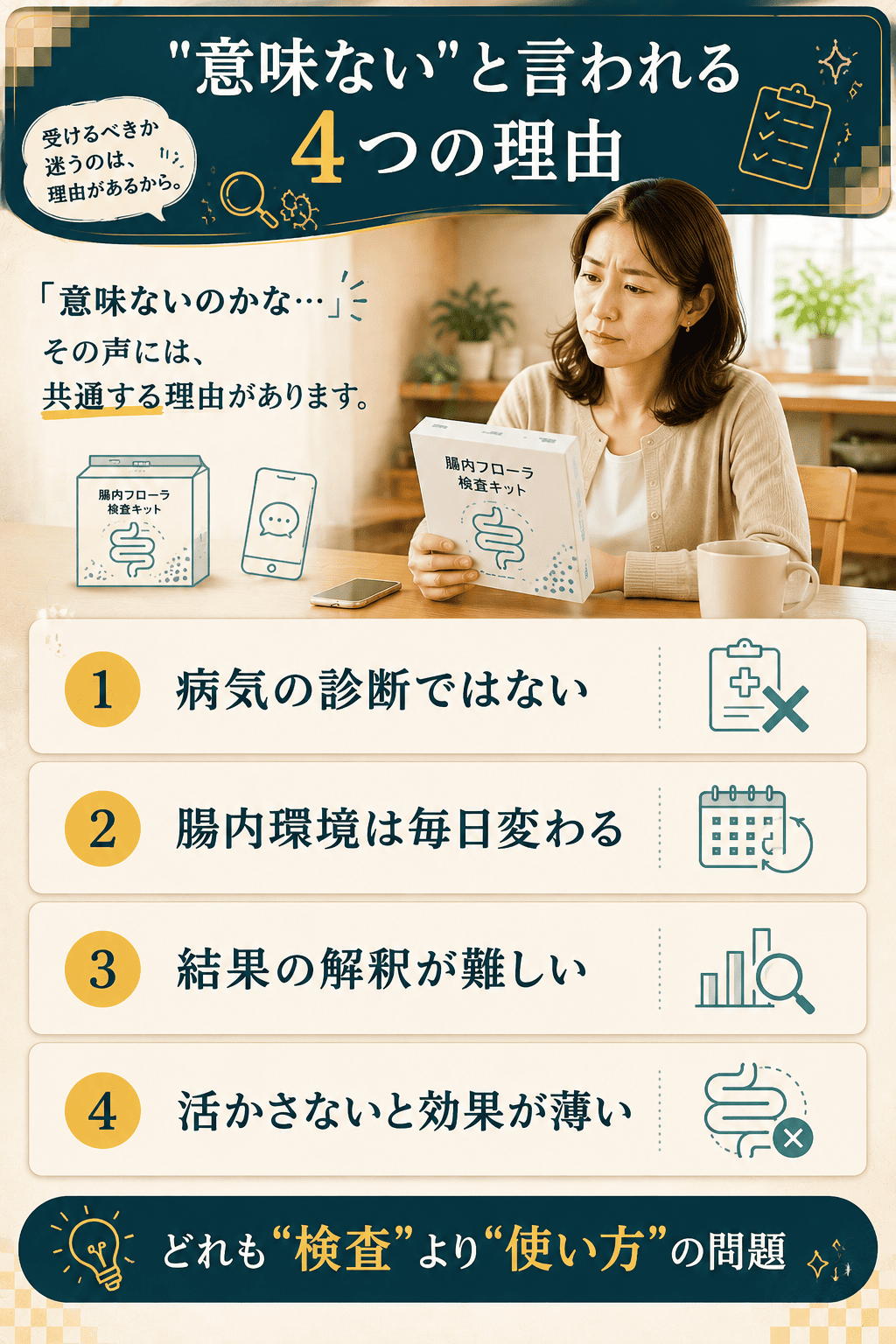 腸内フローラ検査が意味ないと言われる4つの理由をまとめた図解