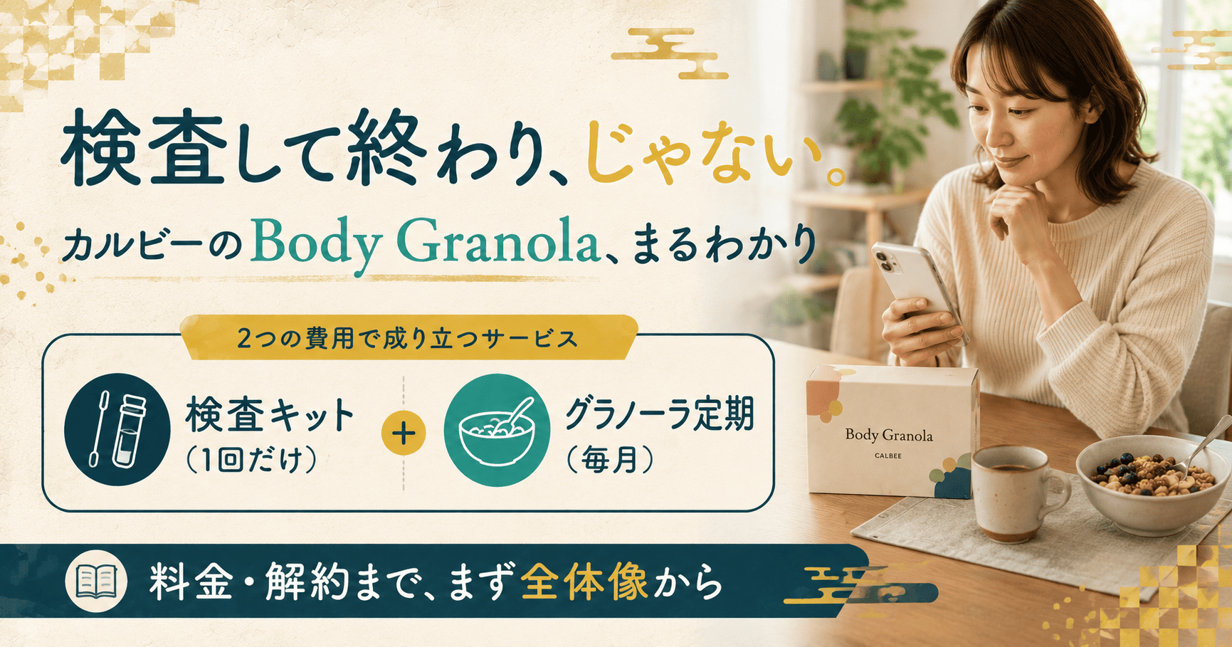 カルビーのBody Granolaは検査キット単発とグラノーラ定期の2段構成だと示す図解