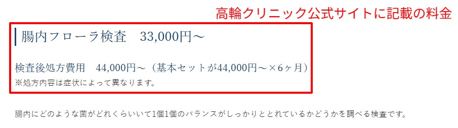 高輪クリニック公式の料金ページに表示された腸内フローラ検査の費用