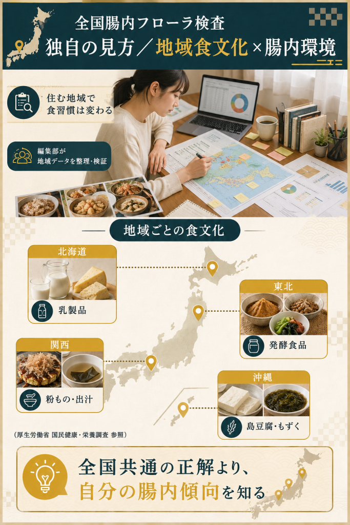 地域ごとの食文化と腸内環境の関係を日本地図で示した独自図解