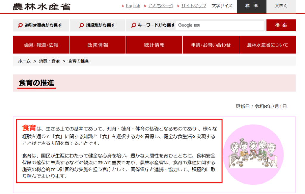 食物繊維や発酵食品と食生活の関係を示す農林水産省の食育情報のキャプチャ